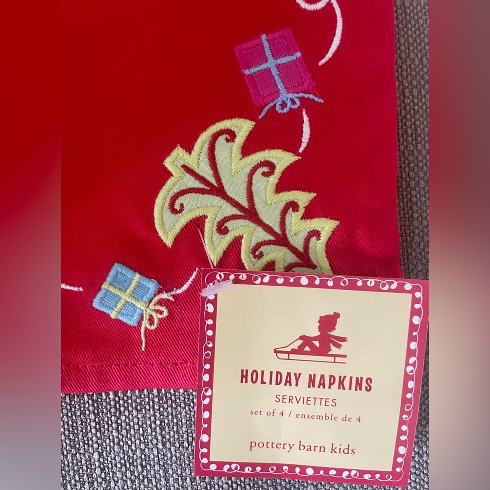 Pottery Barn Kids Red Embroidered Christmas Cloth Napkins- Set of 4 - NWT